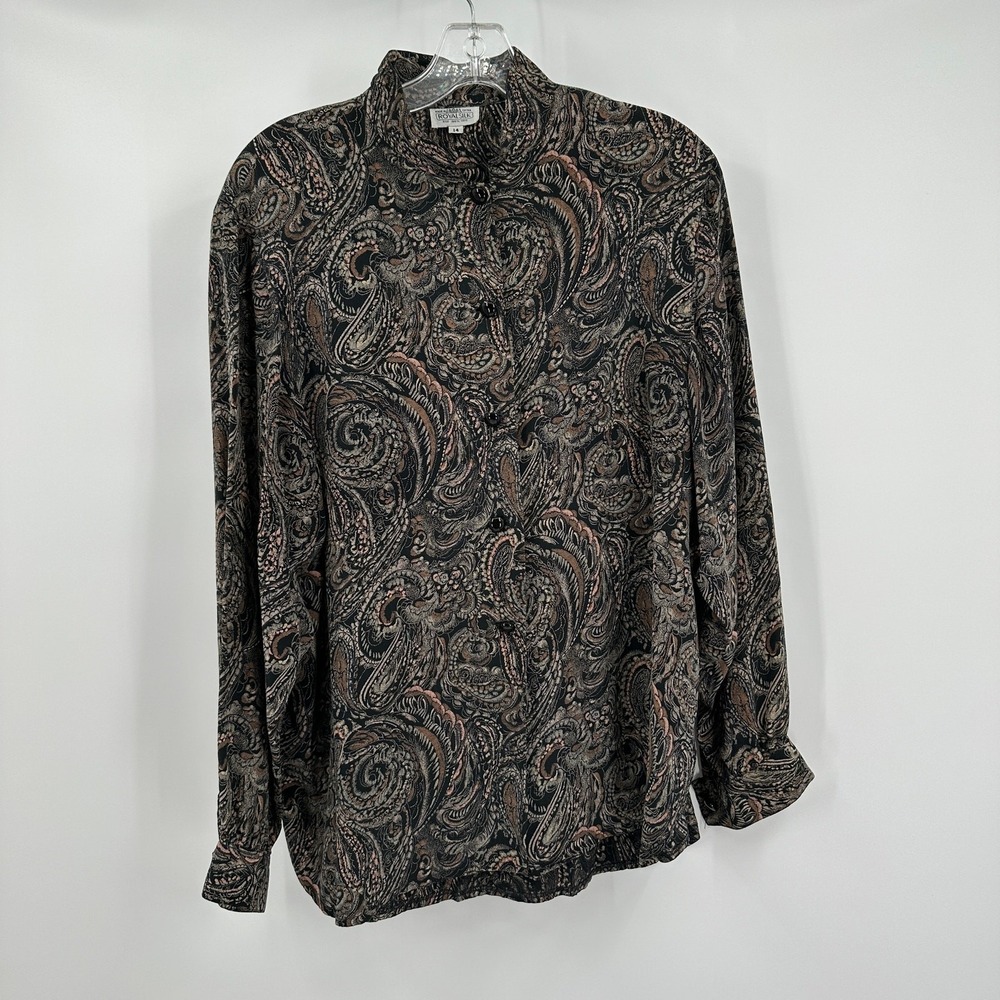 Womens Vintage Paisley Silk Top Size 14 Boho Minimalist Neutral Dark Academia